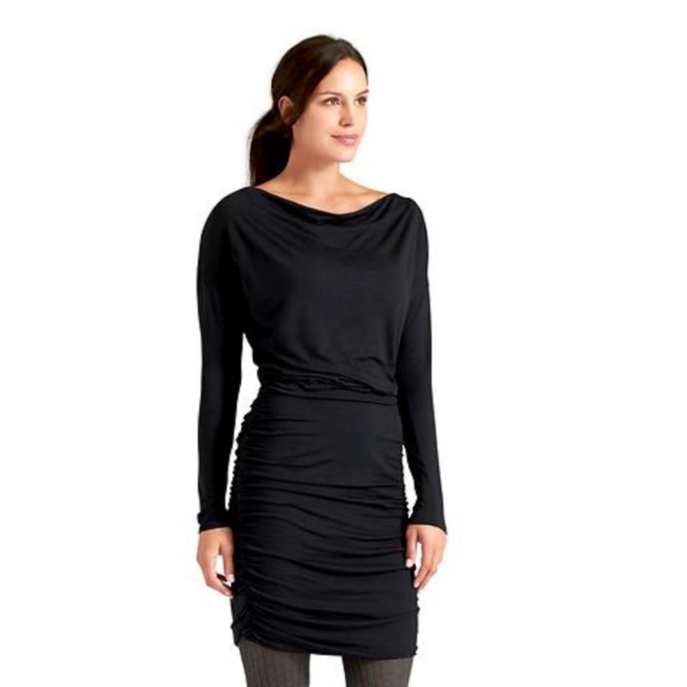 Athleta Black Solstice Cowl Long Sleeve Chic Stretch Layering Ruching Dress